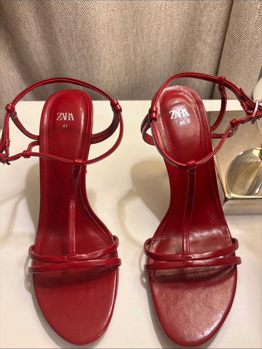 Zara Red T-Strap Leather Heeled Sandals